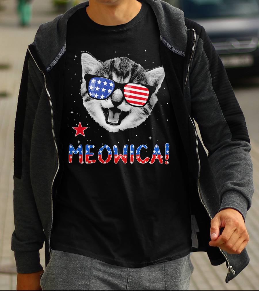 Meowica Cat With American Flag Glasses And Stars T-Shirt