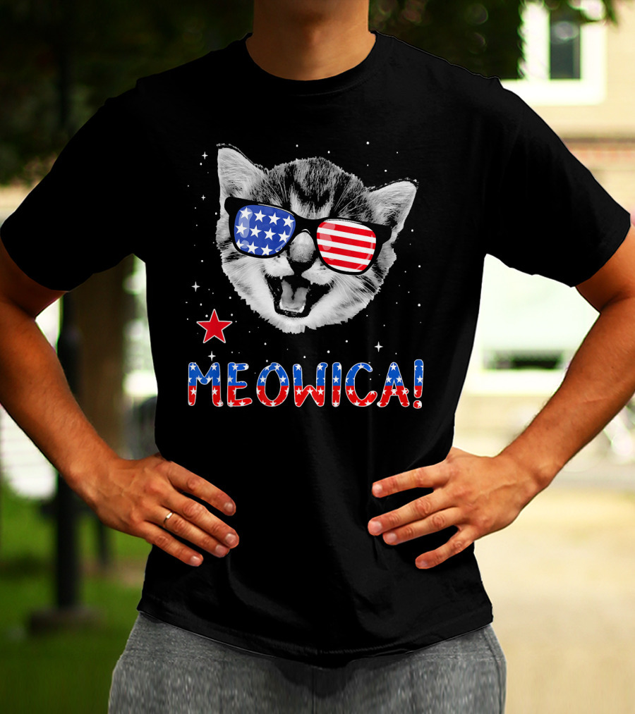 Meowica Cat With American Flag Glasses And Stars T-Shirt