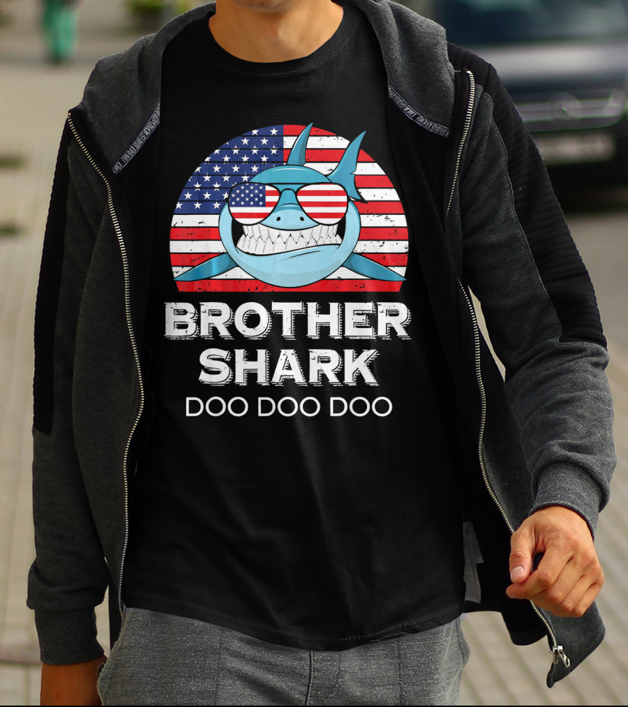 Brother Shark Doo Doo Doo American Flag Sunglasses T-Shirt