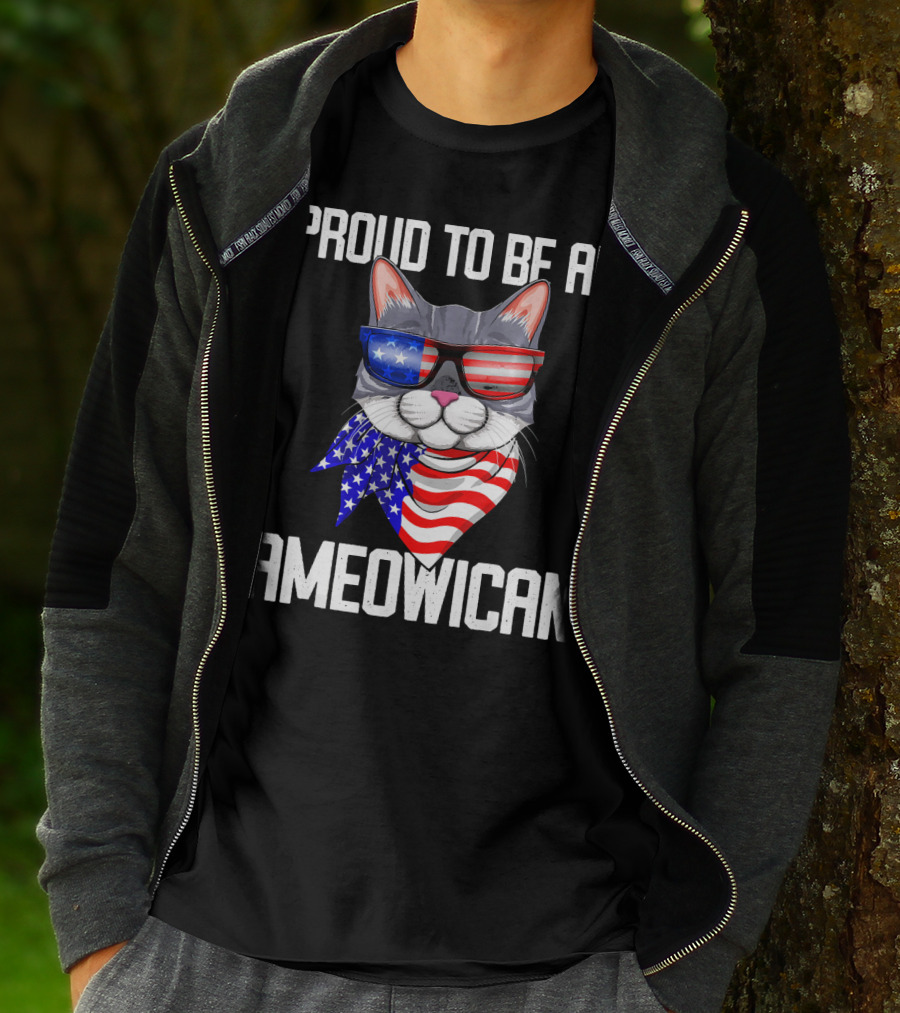Proud To Be An Ameowican Cat With American Flag Glasses And Scarf T-Shirt