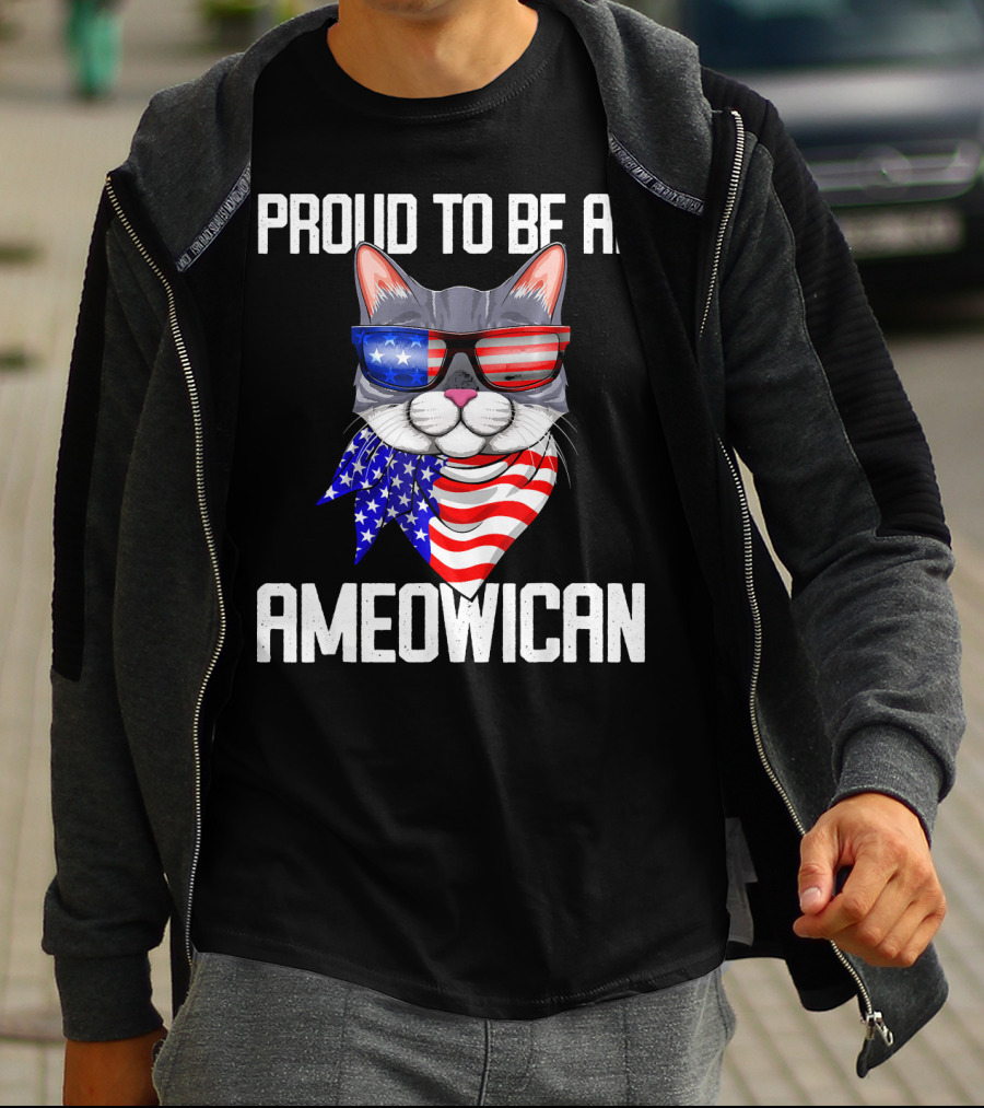 Proud To Be An Ameowican Cat With American Flag Glasses And Scarf T-Shirt