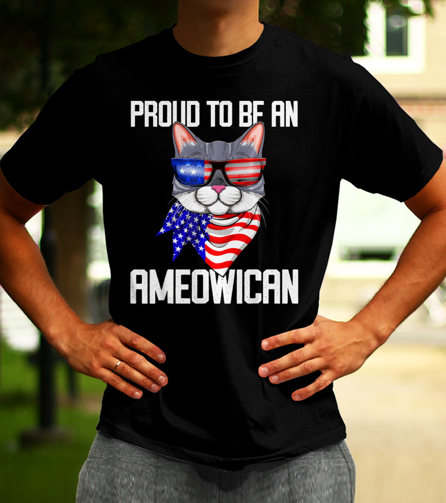 Proud To Be An Ameowican Cat With American Flag Glasses And Scarf T-Shirt