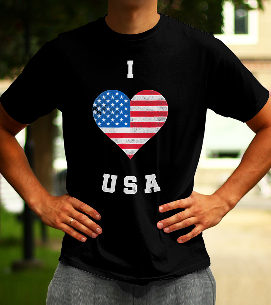 I Heart USA I Love USA America Patriot American Flag Heart T-Shirt