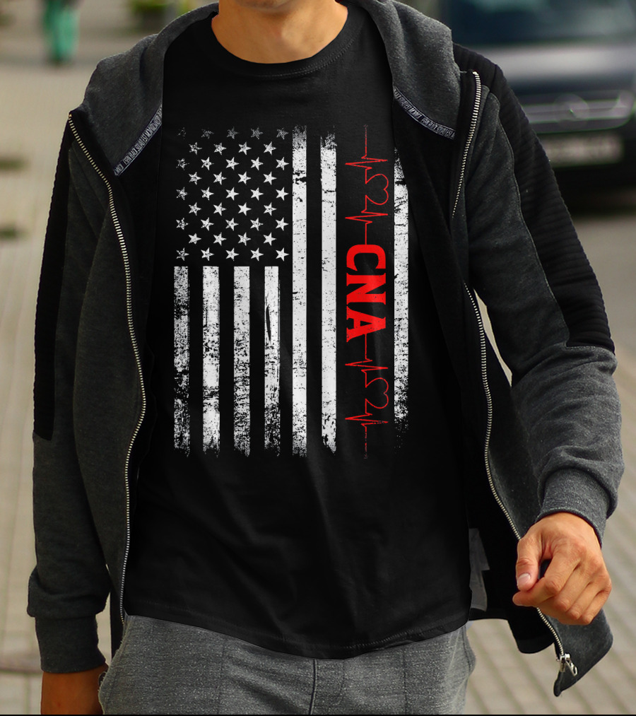 American Flag Heartbeat Red CNA Patriotic Nurse T-Shirt