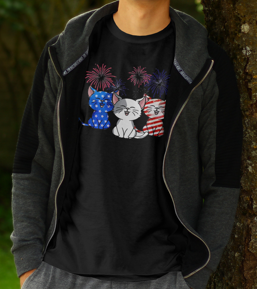 Funny Cat Fourth Of July Fireworks American Flag T-Shirt