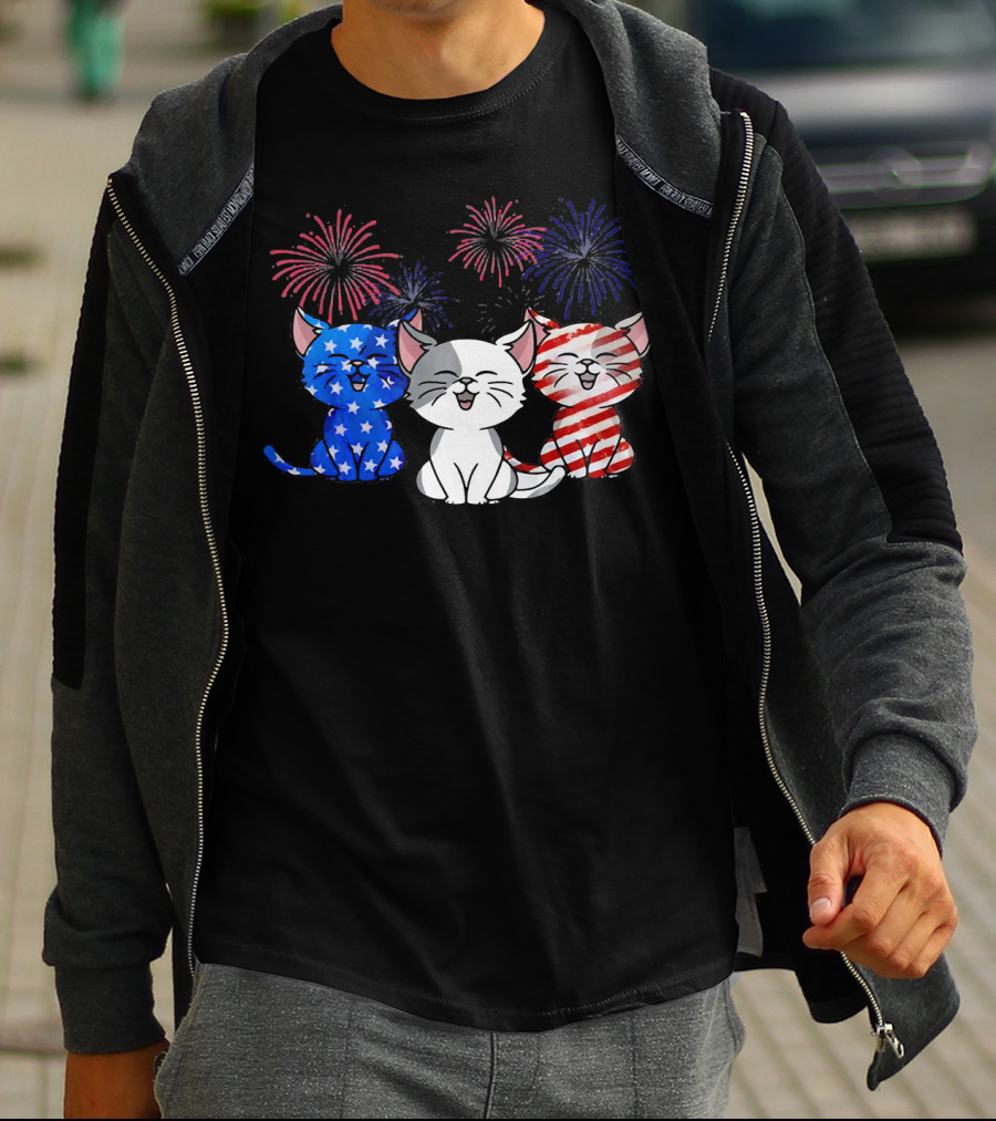 Funny Cat Fourth Of July Fireworks American Flag T-Shirt