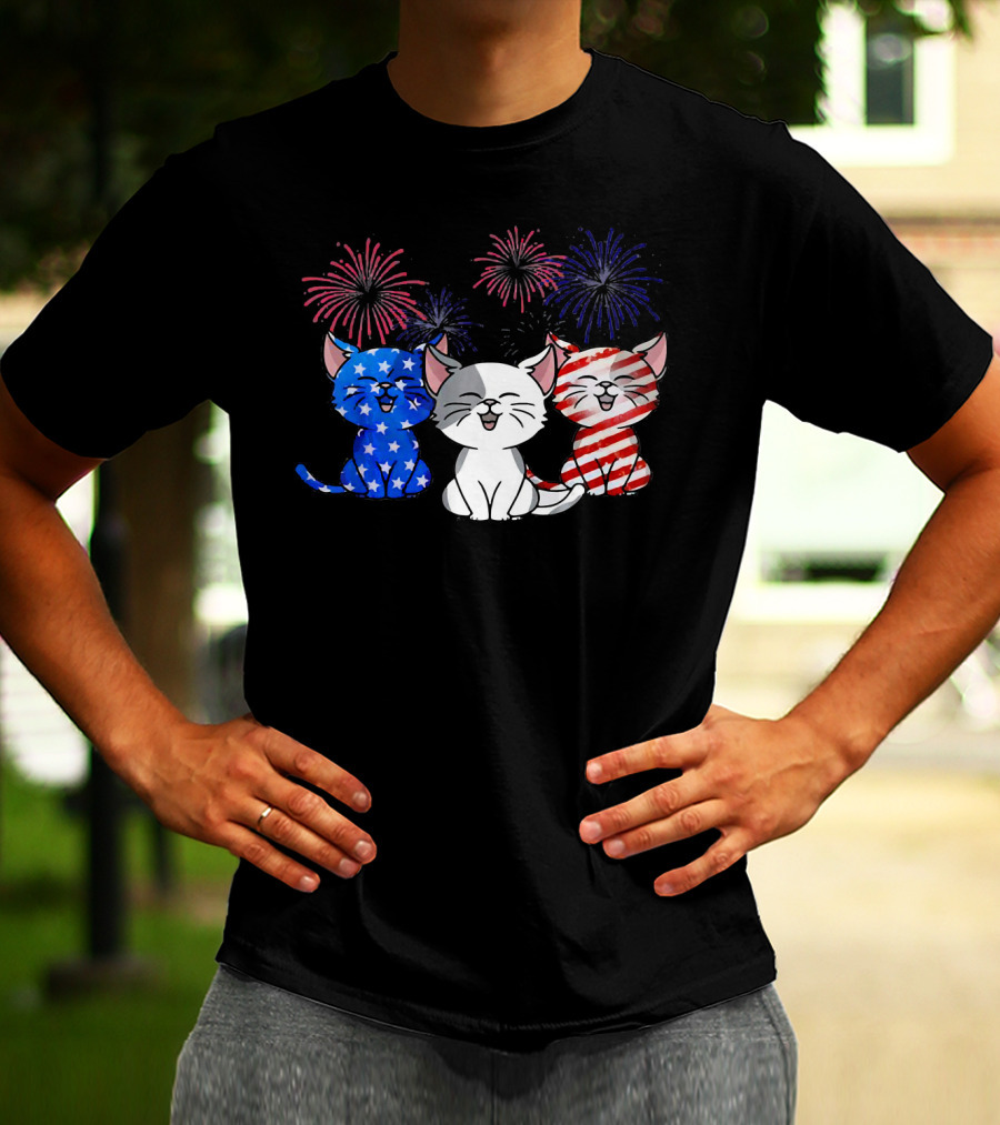 Funny Cat Fourth Of July Fireworks American Flag T-Shirt