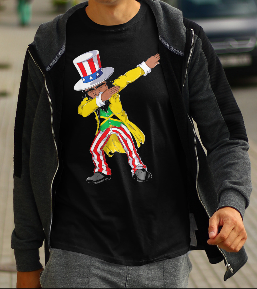 Uncle Sam Dabbing With Jamaican Flag And Red White Blue Hat In Yellow Coat T-Shirt