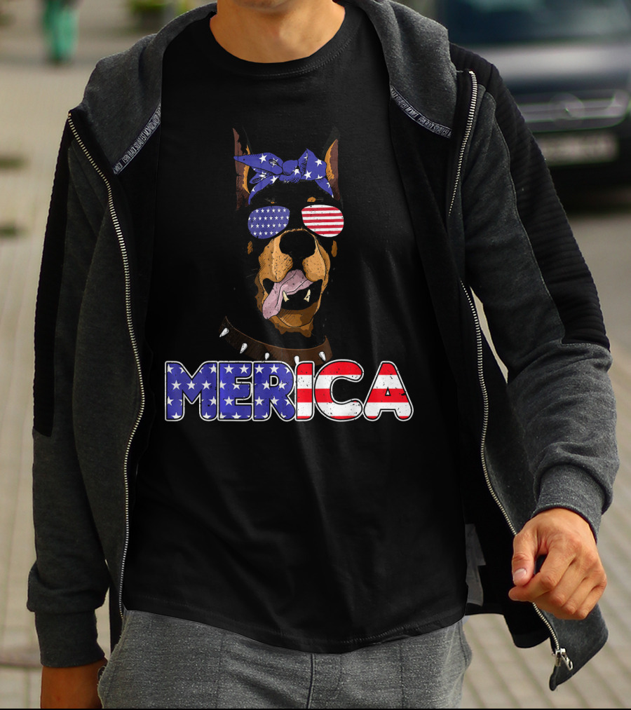 Patriotic Merica Doberman Pinscher With American Flag Bandana And Sunglasses T-Shirt