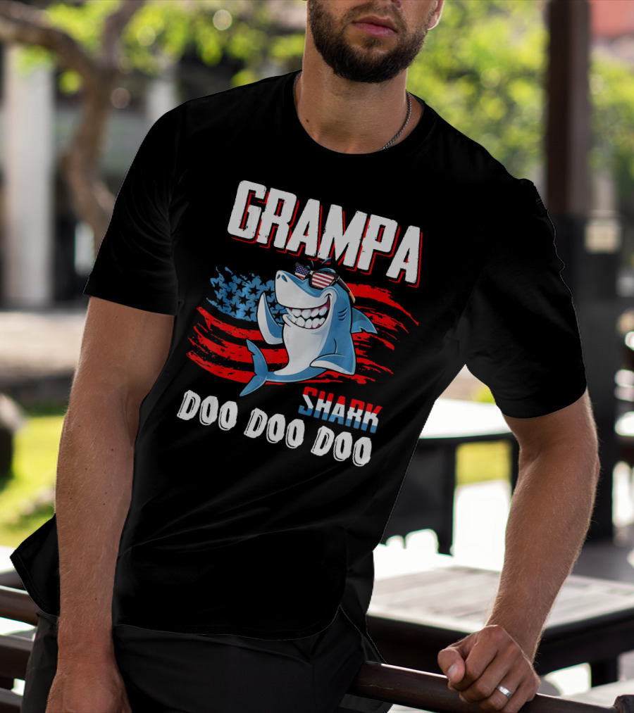 Grampa Shark Doo Doo Doo American Flag Sunglasses T-Shirt