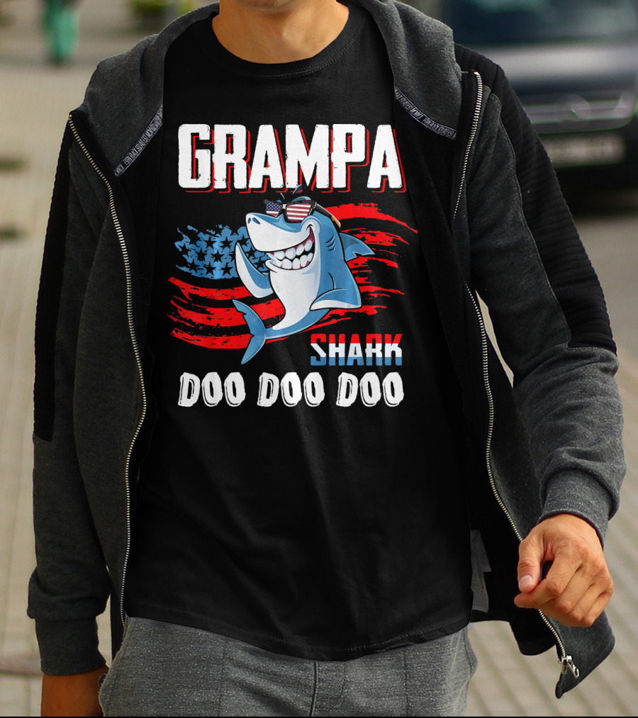 Grampa Shark Doo Doo Doo American Flag Sunglasses T-Shirt