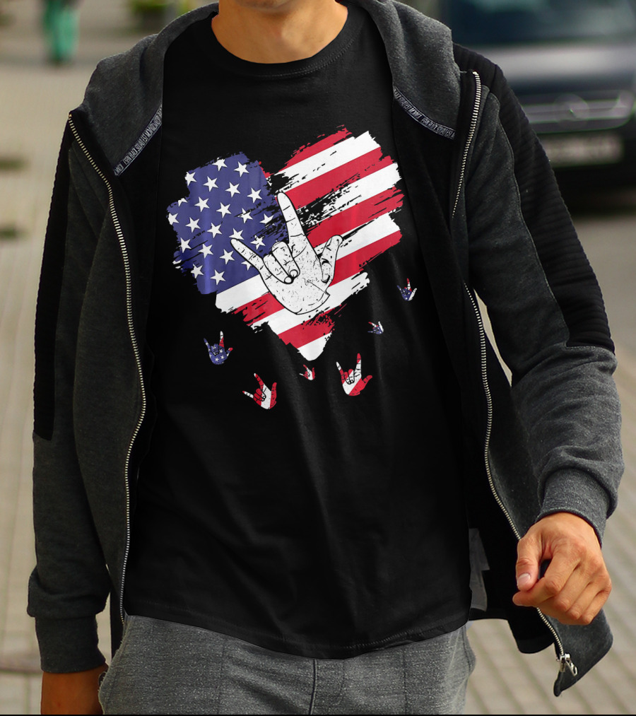 I Love You American Sign Language Hand Shape Heart With USA Flag Colors T-Shirt