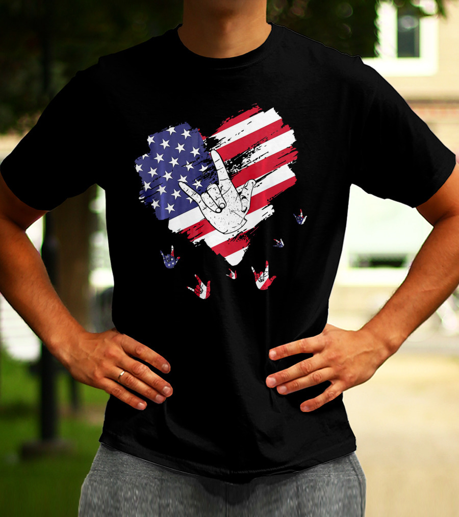 I Love You American Sign Language Hand Shape Heart With USA Flag Colors T-Shirt