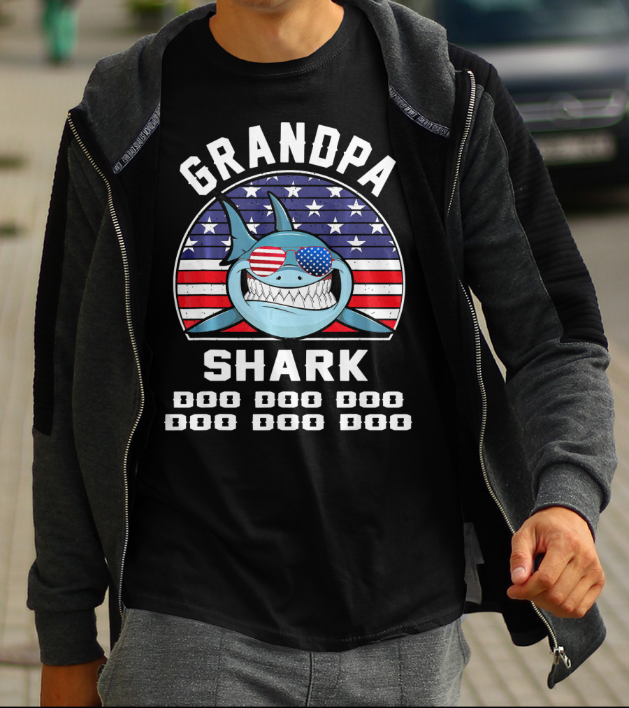 Grandpa Shark Doo Doo Doo American Flag Sunglasses T-Shirt
