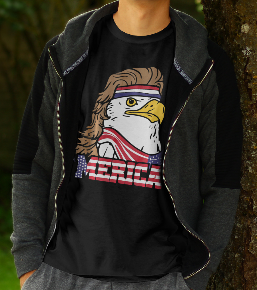 'Merica Bald Eagle Mullet Headband American Flag T-Shirt