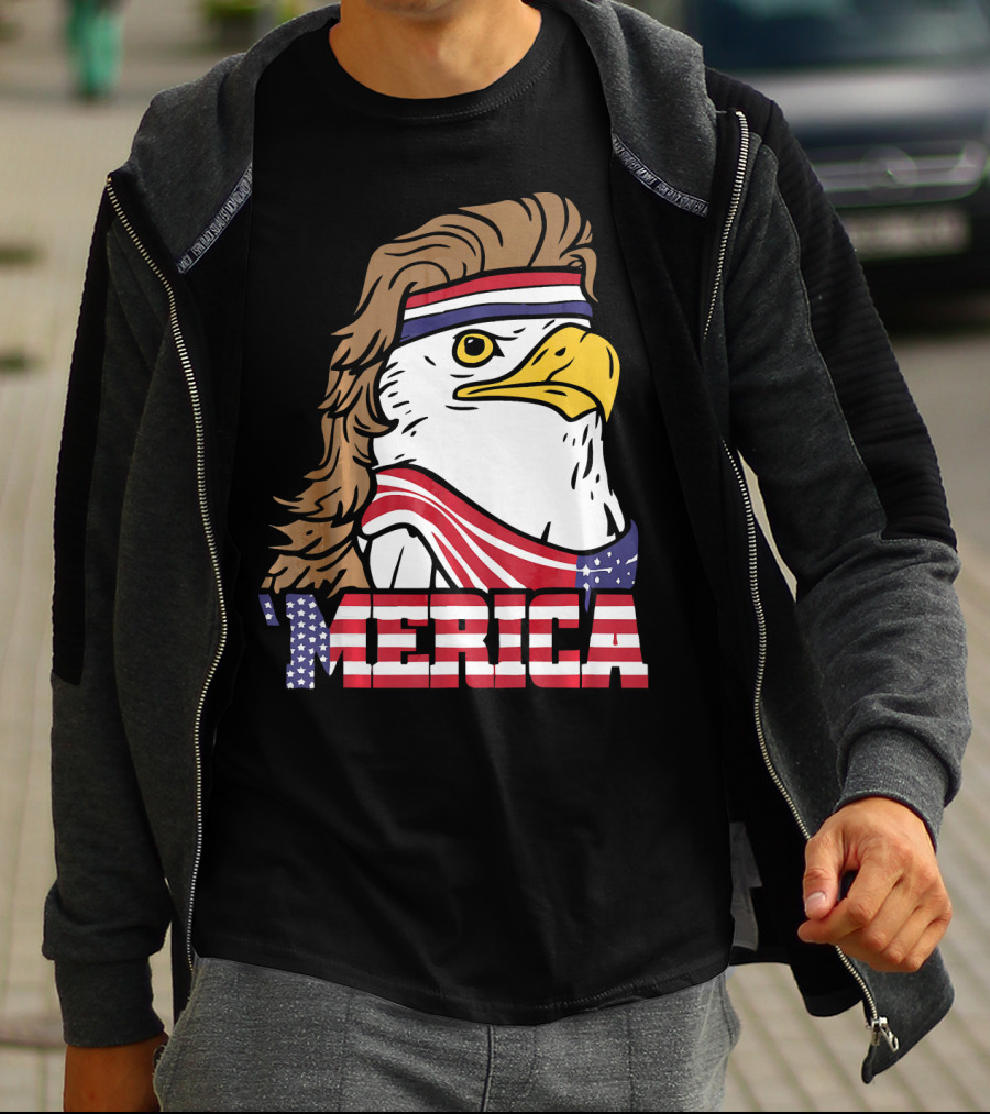 'Merica Bald Eagle Mullet Headband American Flag T-Shirt
