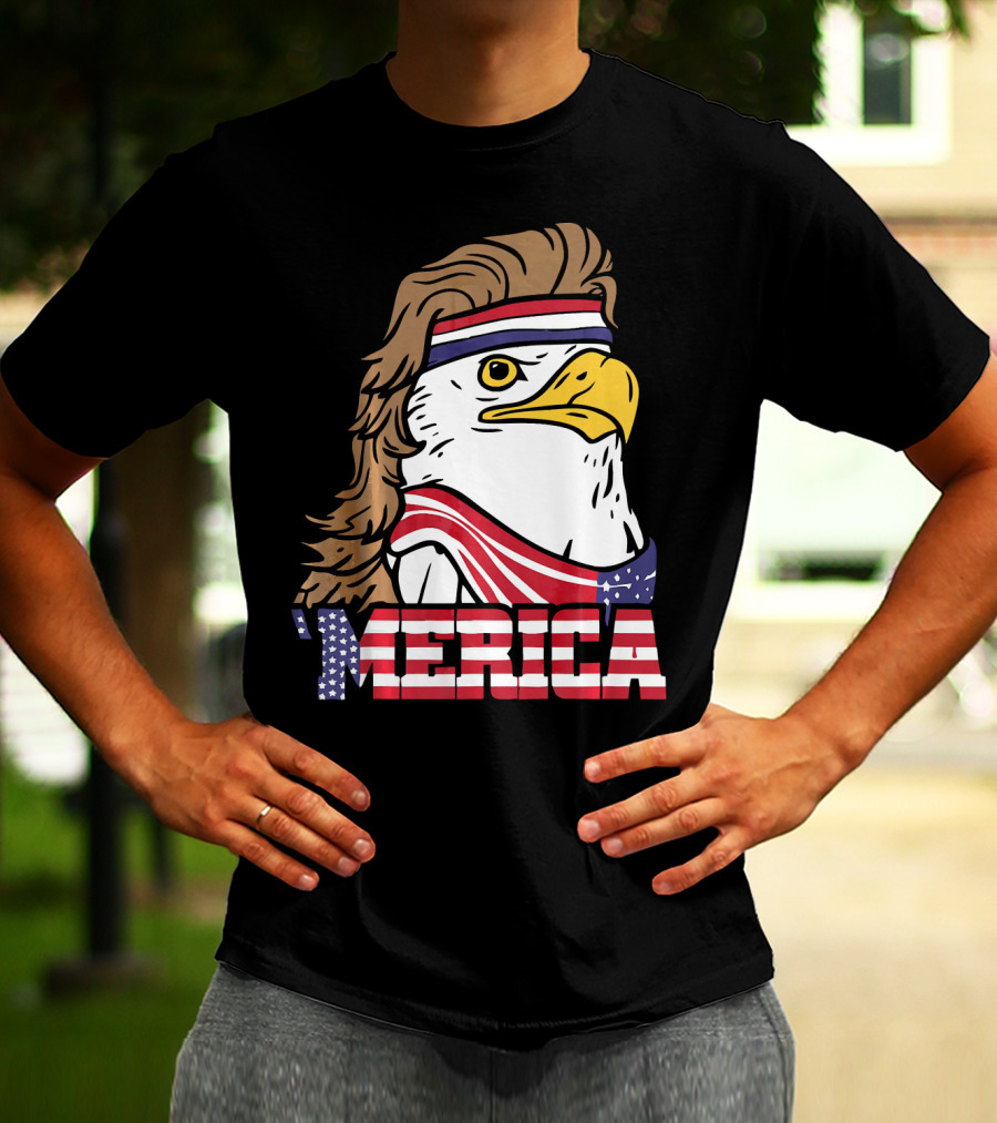 'Merica Bald Eagle Mullet Headband American Flag T-Shirt