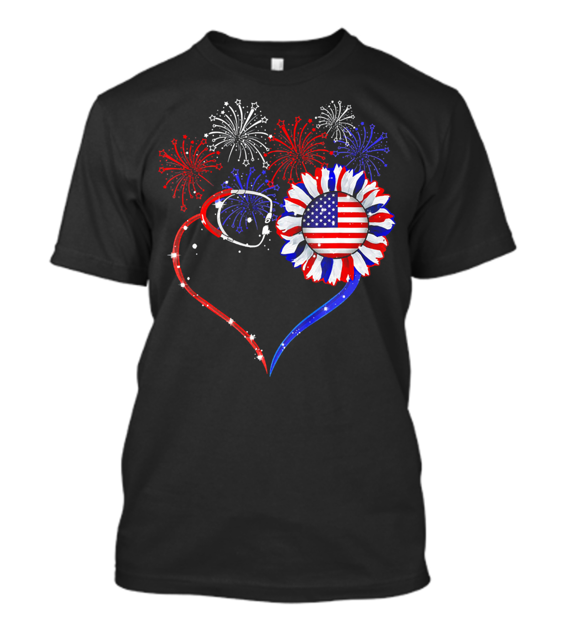 Nurse Heart Stethoscope Sunflower American Flag Fireworks T-Shirt