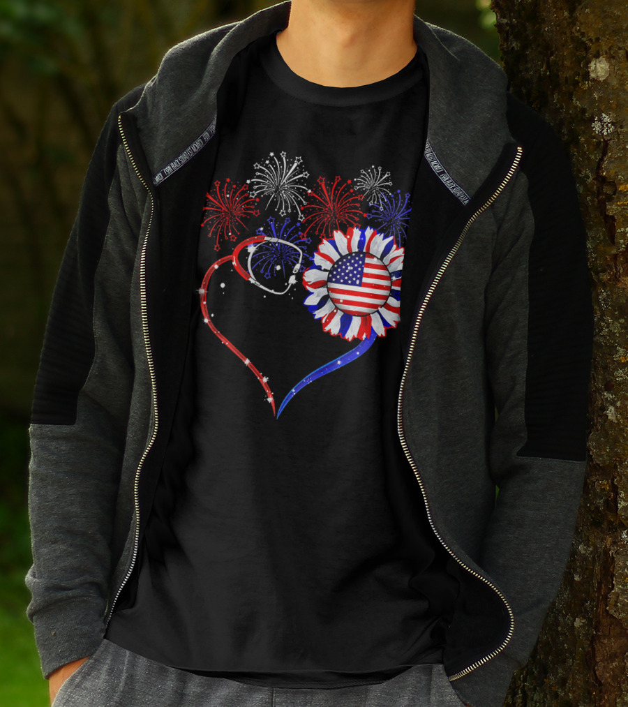 Nurse Heart Stethoscope Sunflower American Flag Fireworks T-Shirt