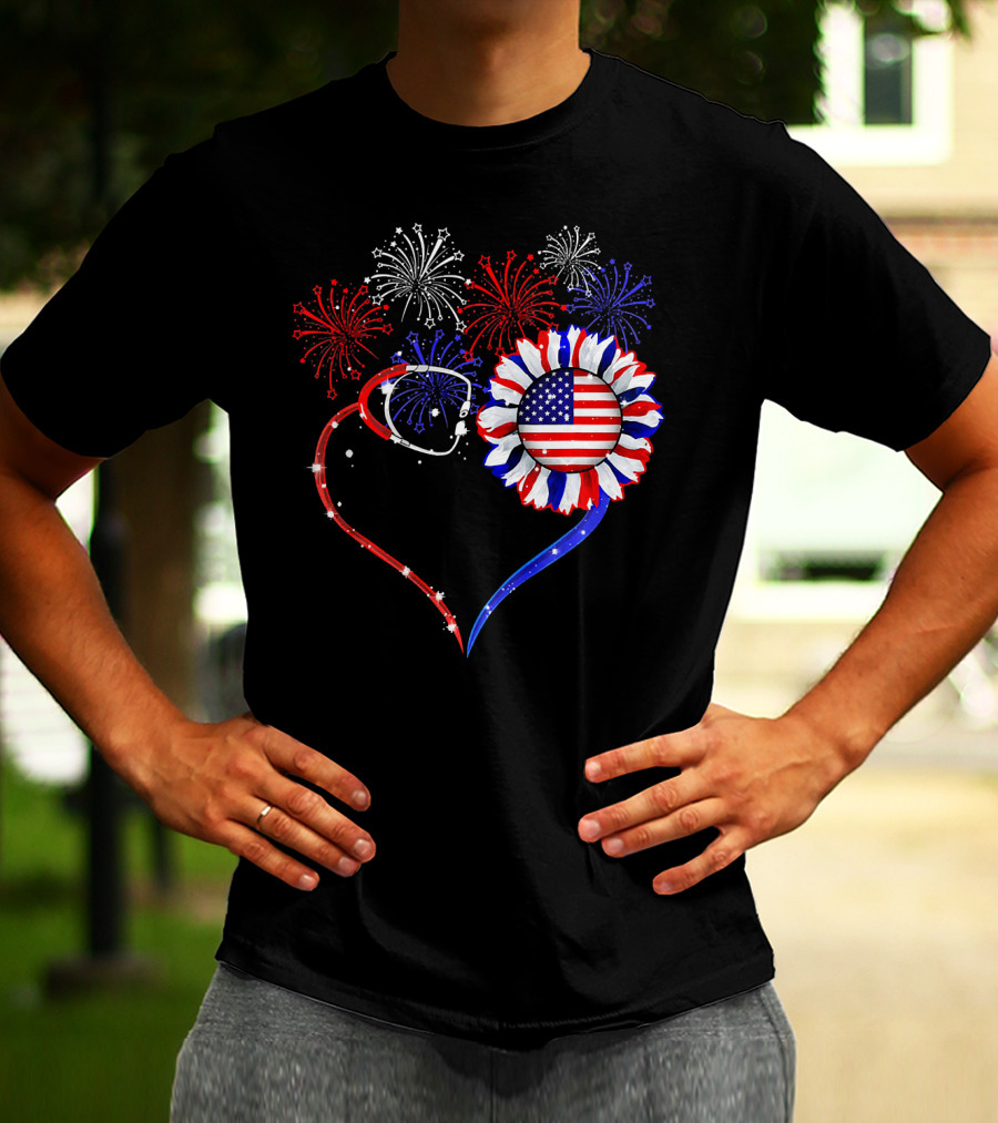 Nurse Heart Stethoscope Sunflower American Flag Fireworks T-Shirt