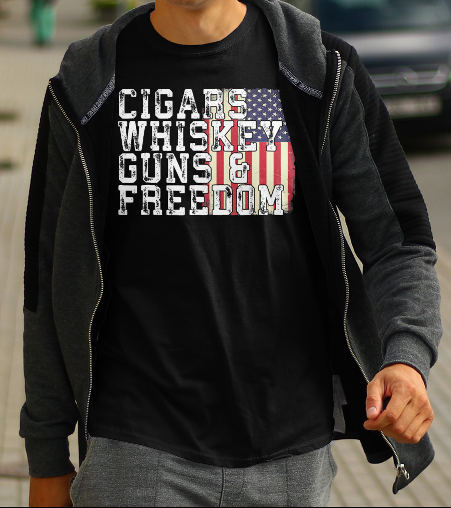 Cigars Whiskey Guns And Freedom American Flag T-Shirt