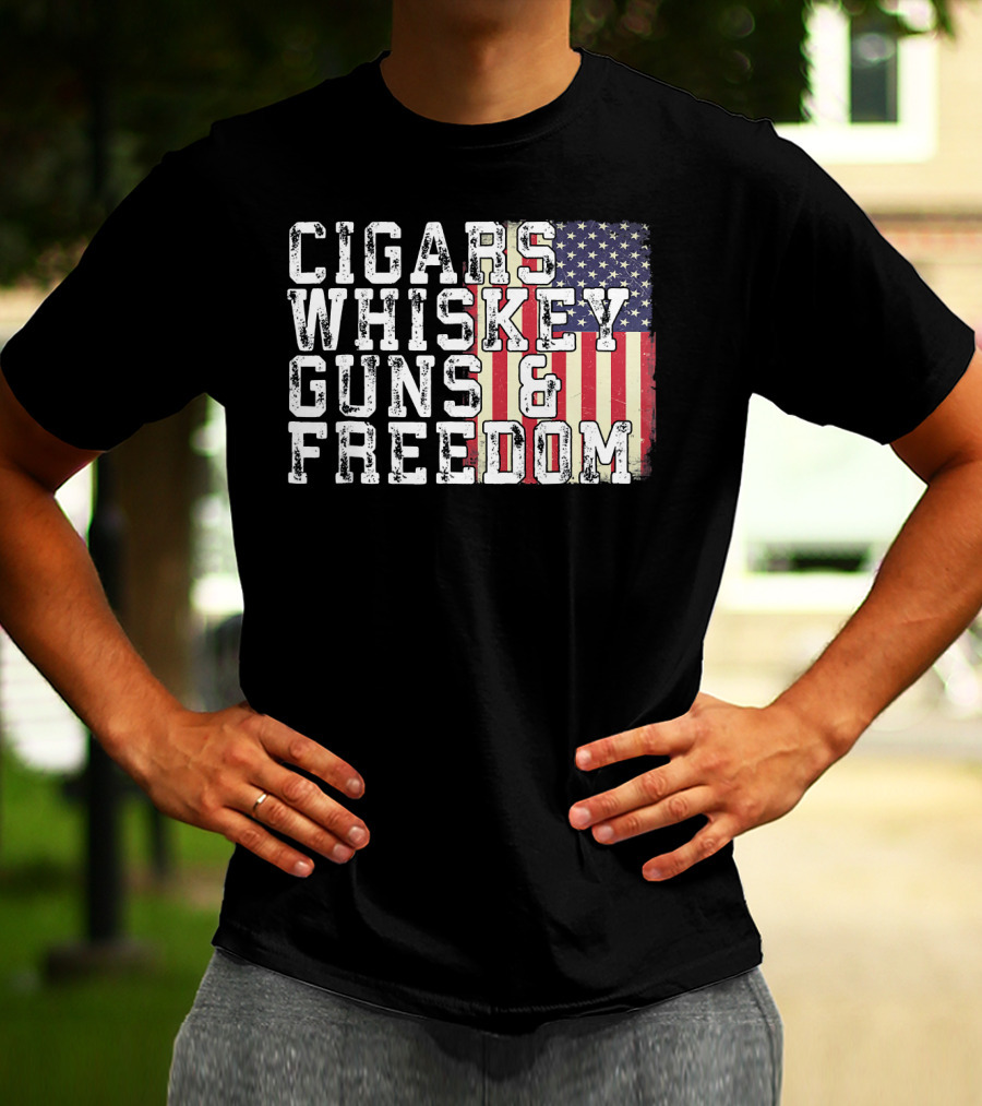 Cigars Whiskey Guns And Freedom American Flag T-Shirt