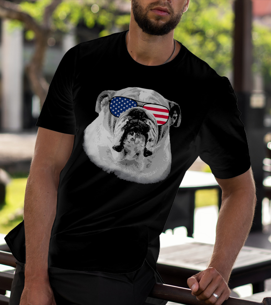 Patriotic Bulldog Dog Merica American Flag Sunglasses T-Shirt