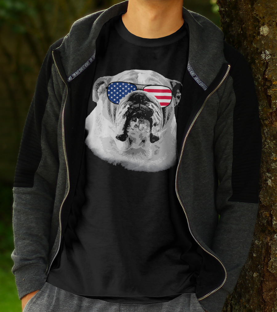 Patriotic Bulldog Dog Merica American Flag Sunglasses T-Shirt