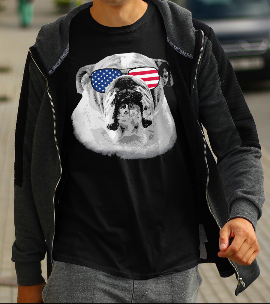 Patriotic Bulldog Dog Merica American Flag Sunglasses T-Shirt