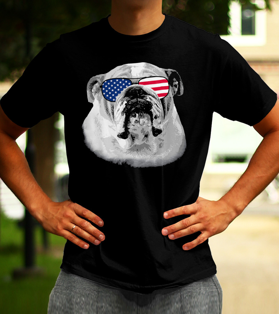 Patriotic Bulldog Dog Merica American Flag Sunglasses T-Shirt