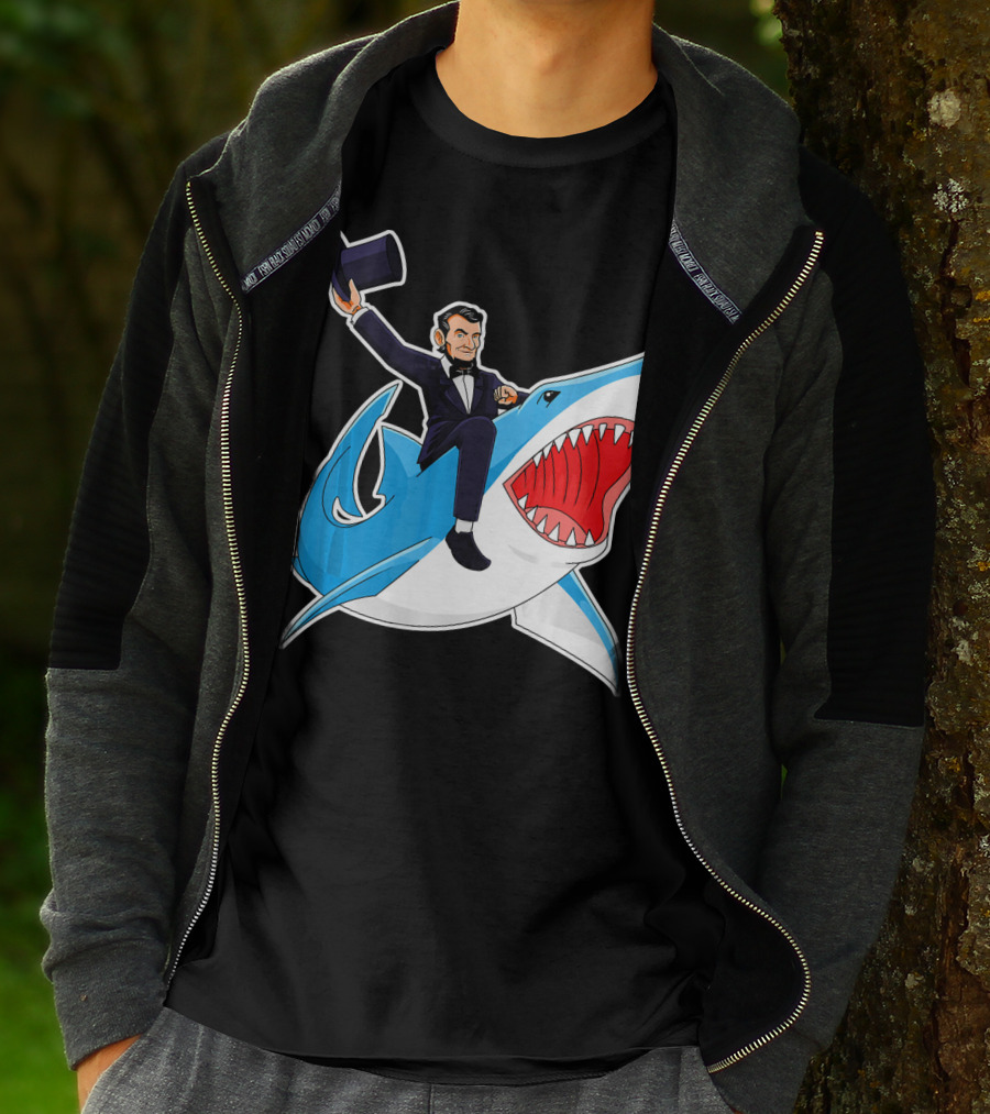 Abraham Lincoln Riding A Shark Waving Top Hat Adventure T-Shirt