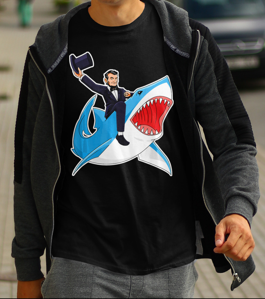 Abraham Lincoln Riding A Shark Waving Top Hat Adventure T-Shirt