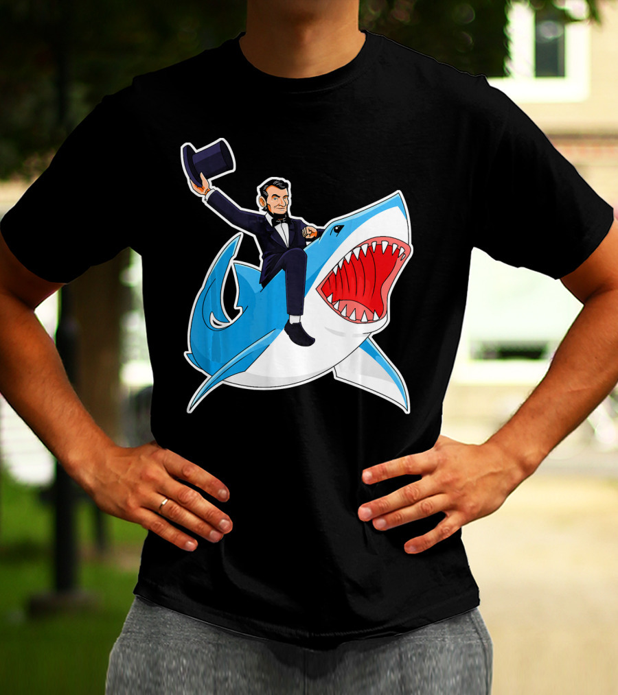 Abraham Lincoln Riding A Shark Waving Top Hat Adventure T-Shirt