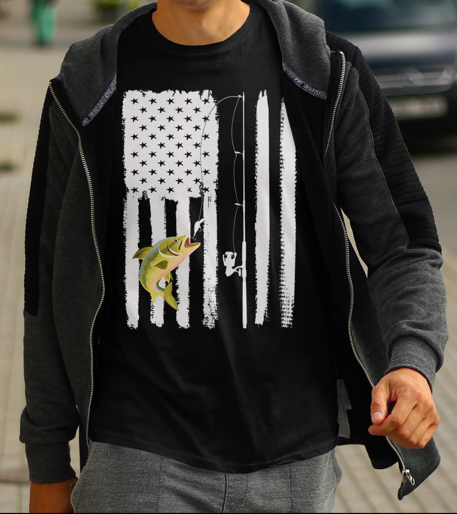 American Flag Fishing Pole With Fish USA Patriotic T-Shirt