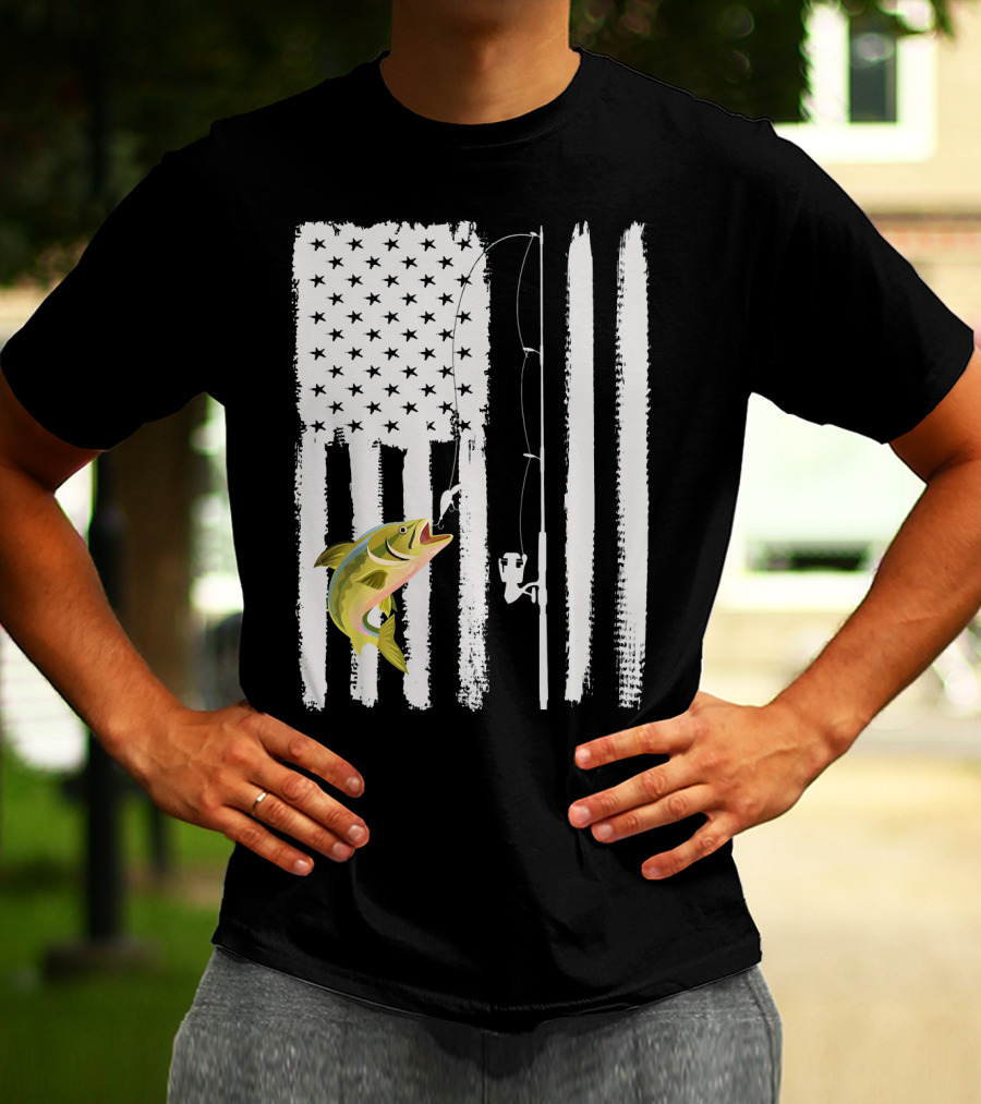 American Flag Fishing Pole With Fish USA Patriotic T-Shirt