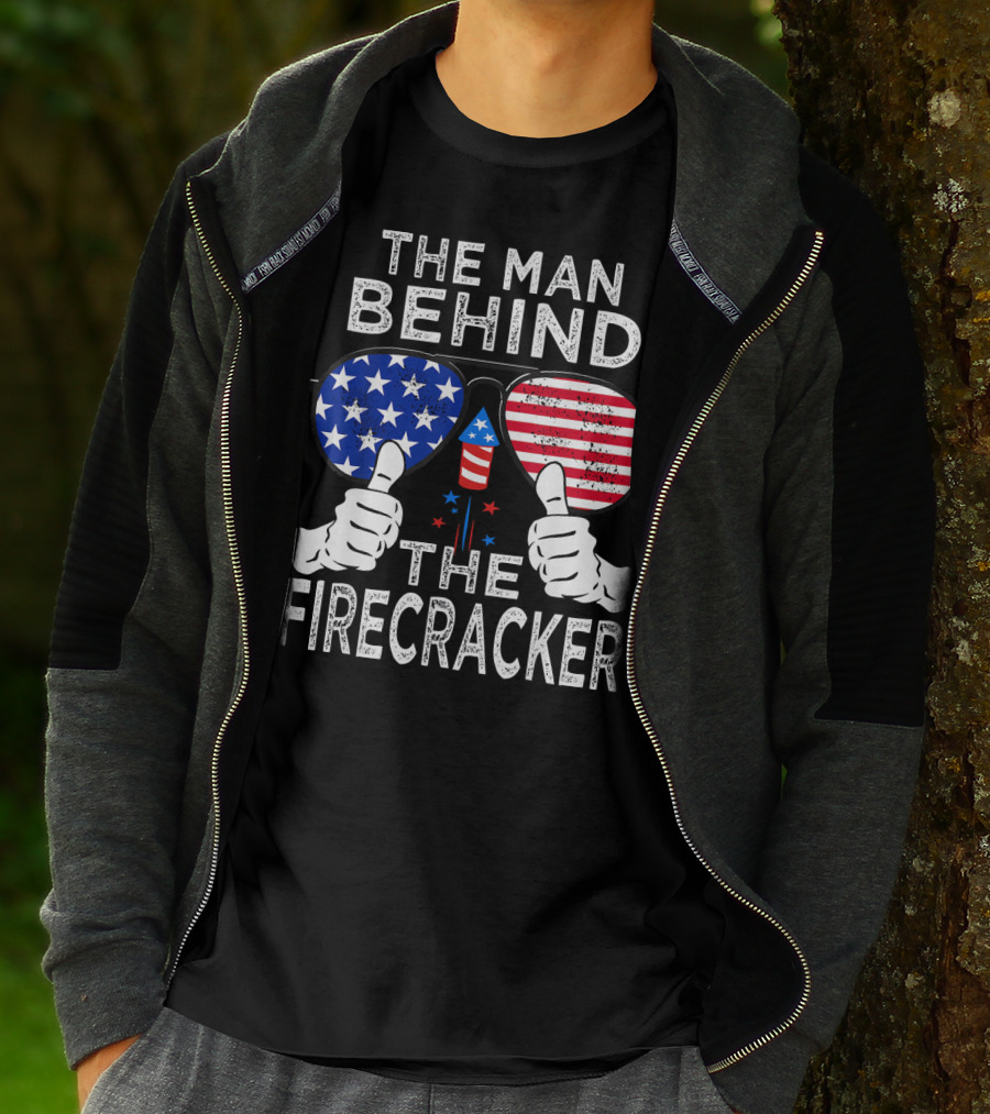The Man Behind The Firecracker Patriotic Sunglasses Stars Stripes T-Shirt
