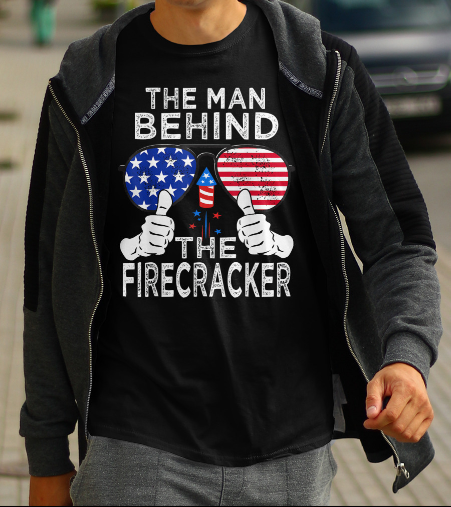 The Man Behind The Firecracker Patriotic Sunglasses Stars Stripes T-Shirt