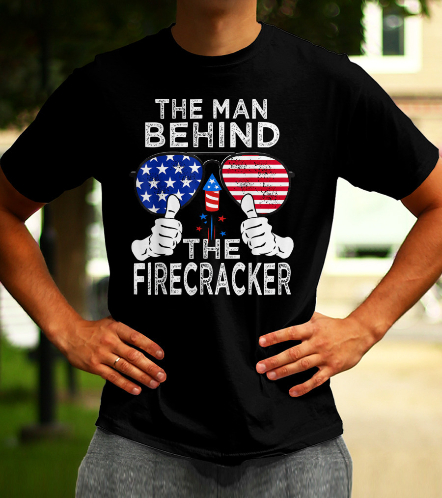 The Man Behind The Firecracker Patriotic Sunglasses Stars Stripes T-Shirt