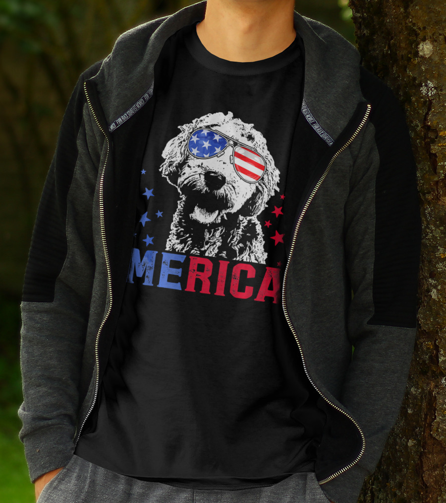 Merica Goldendoodle USA Flag Sunglasses Patriotic Stars T-Shirt