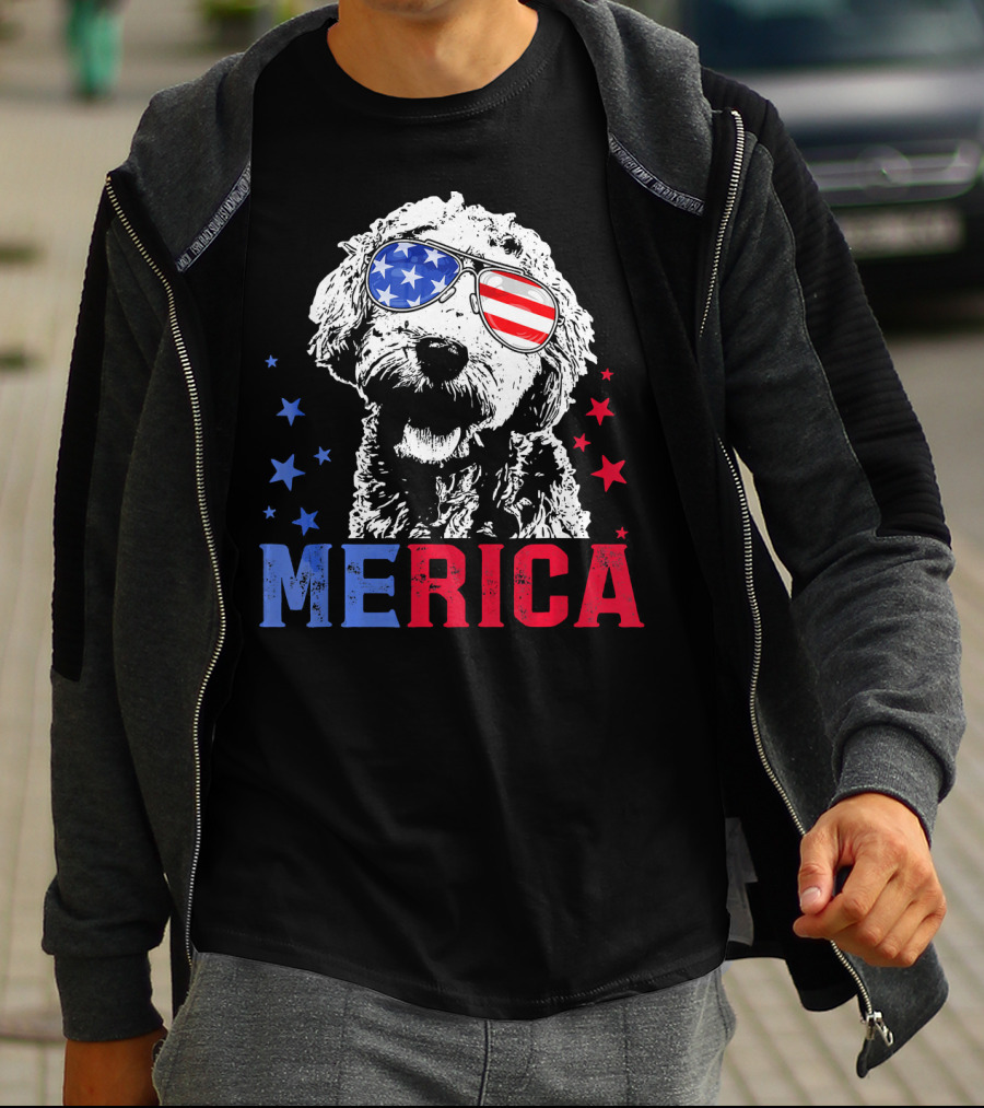 Merica Goldendoodle USA Flag Sunglasses Patriotic Stars T-Shirt