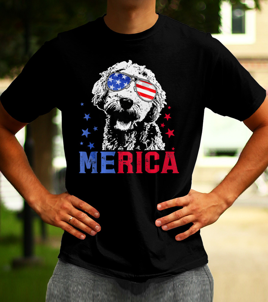 Merica Goldendoodle USA Flag Sunglasses Patriotic Stars T-Shirt