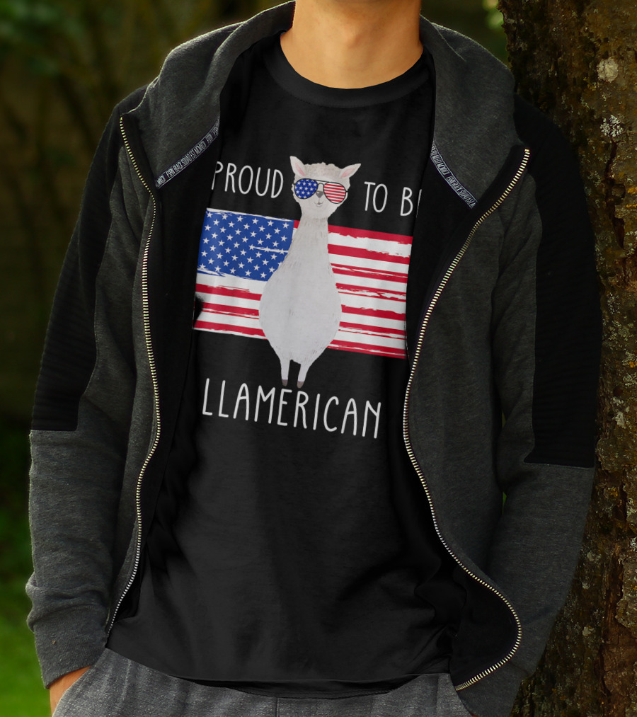 Proud To Be Llamerican Funny Llama With American Flag Sunglasses T-Shirt