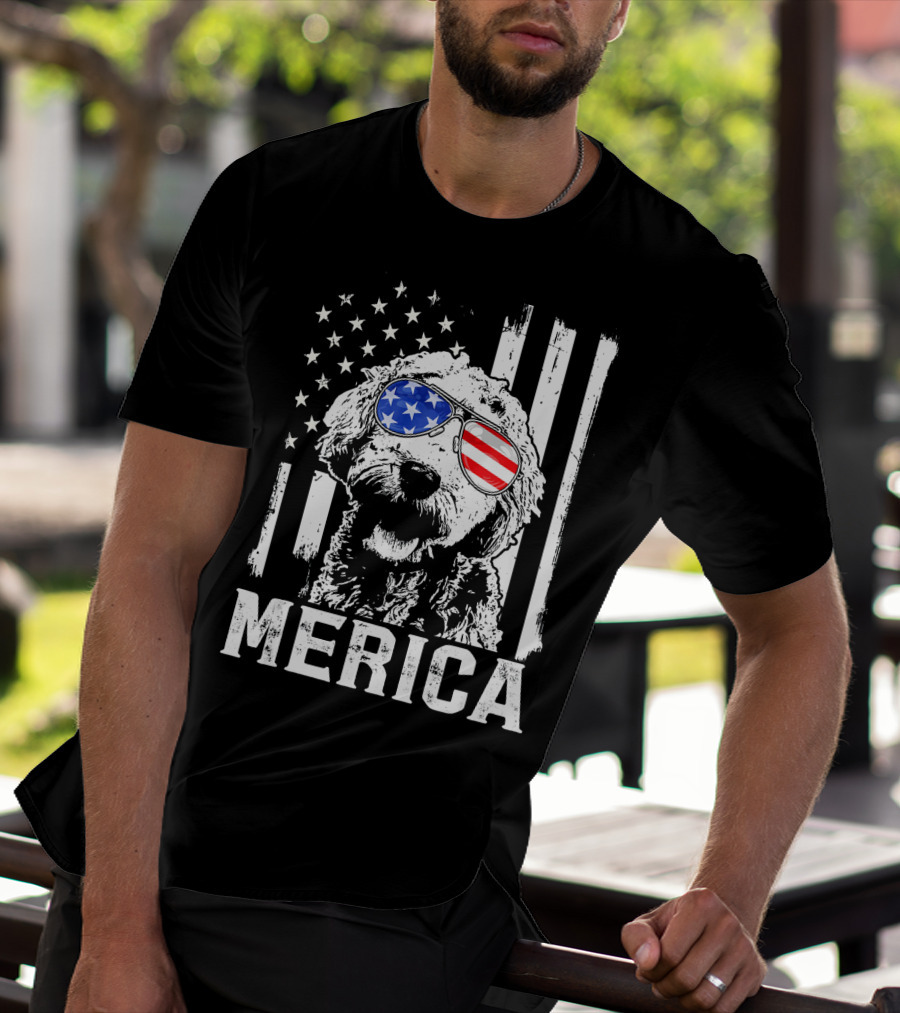 Merica Goldendoodle With American Flag Sunglasses And Stripes T-Shirt