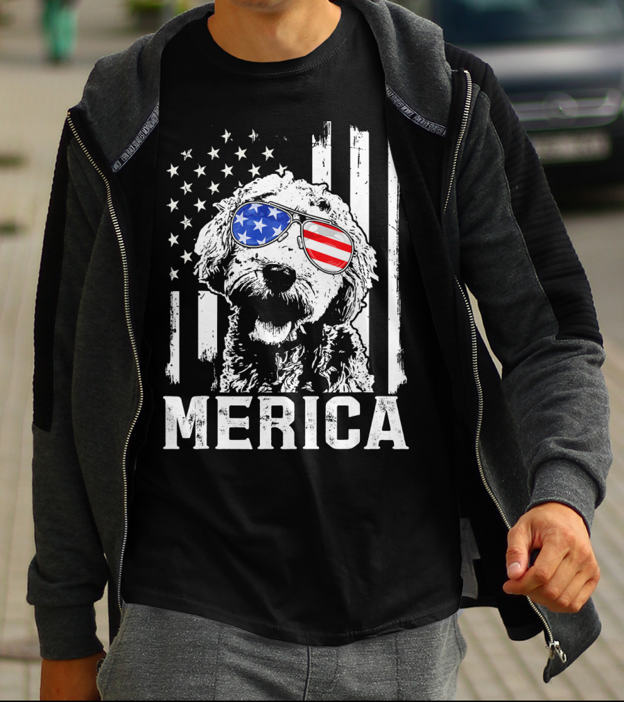 Merica Goldendoodle With American Flag Sunglasses And Stripes T-Shirt