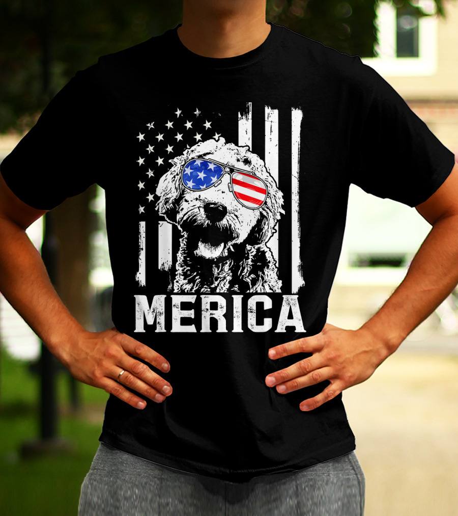 Merica Goldendoodle With American Flag Sunglasses And Stripes T-Shirt