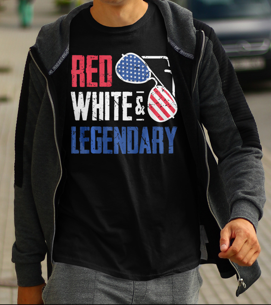 Red White And Legendary American Sunglasses USA Flag T-Shirt
