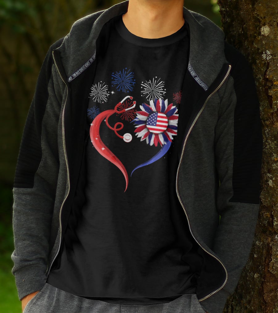 Heart Shaped Red Stethoscope Sunflower With USA Flag And Fireworks T-Shirt