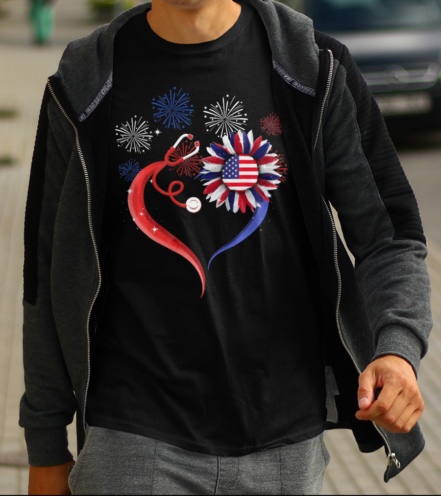 Heart Shaped Red Stethoscope Sunflower With USA Flag And Fireworks T-Shirt