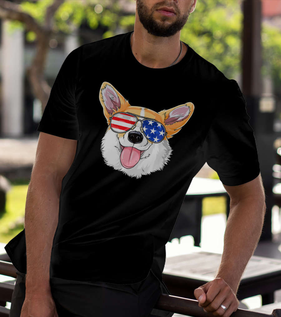 Patriotic Corgi With American Flag Sunglasses T-Shirt