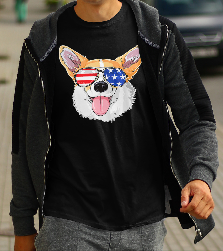 Patriotic Corgi With American Flag Sunglasses T-Shirt